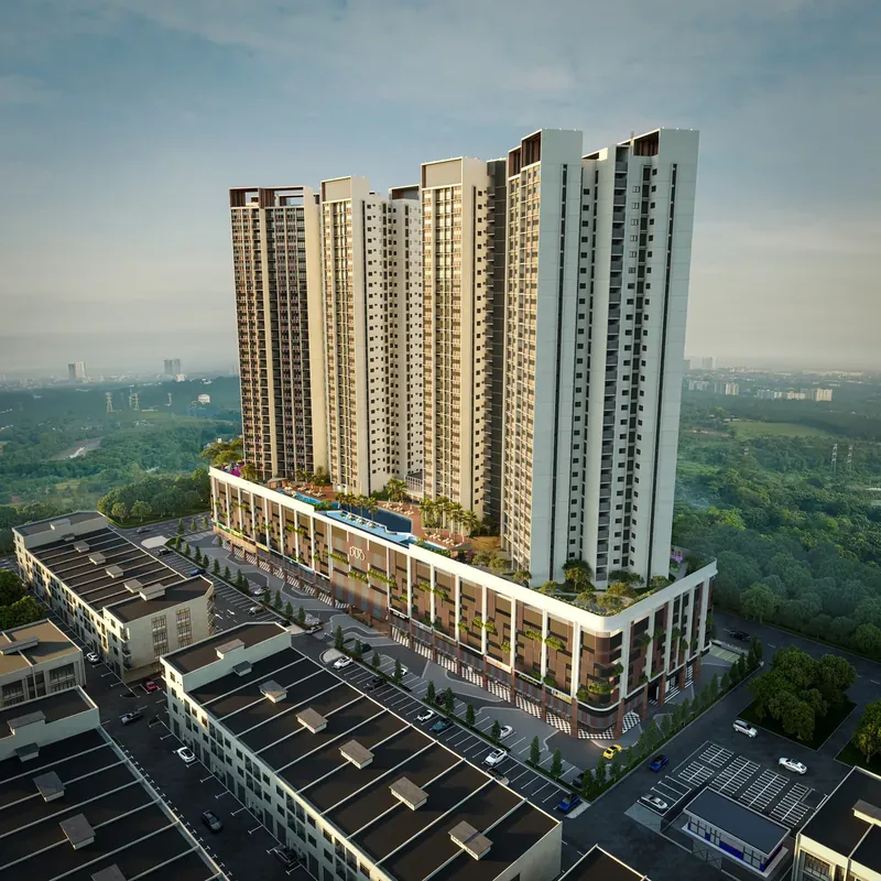Aerial view of The Straits View Duo in the Permas Jaya commercial hub, Johor Bahru, artist's impression