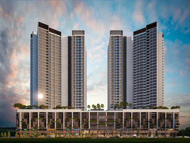 The Straits View Duo twin towers above the retail podium at sunset, artist's impression