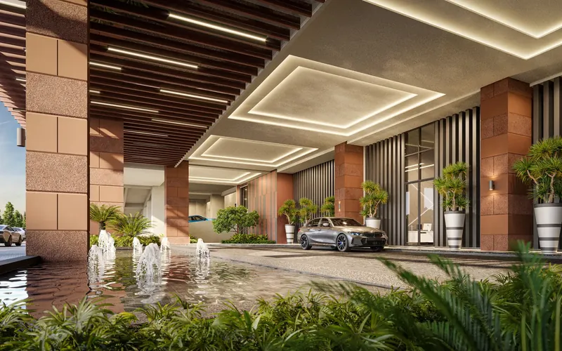 Private lobby drop-off with water feature at The Straits View Duo, artist's impression