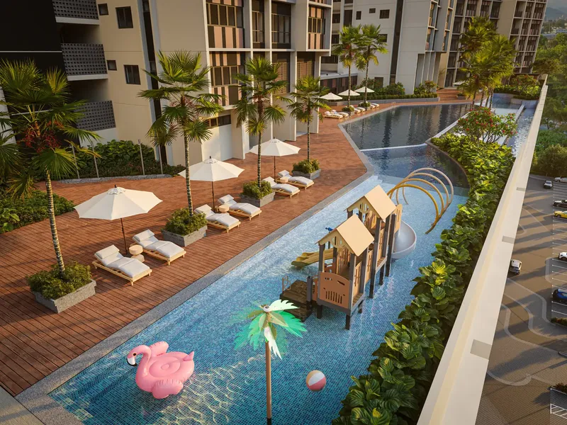 Wading pool, splash pad and pool deck on Level 6 of The Straits View Duo, artist's impression