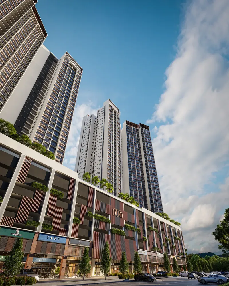 The Straits View Duo towers and retail podium seen from street level, artist's impression