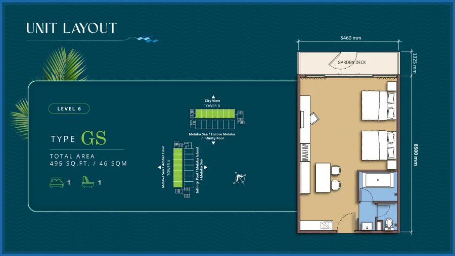 Tagbay Suites Type GS floor plan — 495 sq ft, garden deck