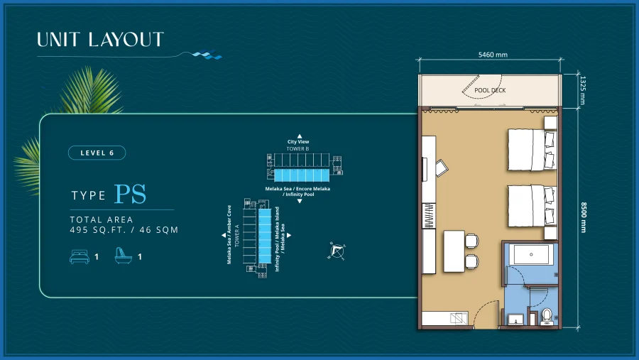 Tagbay Suites Type PS floor plan — 495 sq ft, pool deck