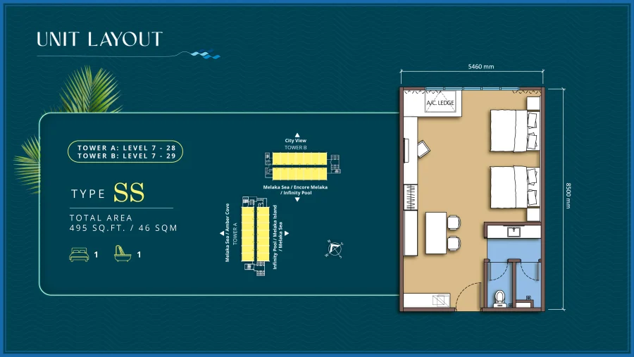 Tagbay Suites Type SS floor plan — 495 sq ft