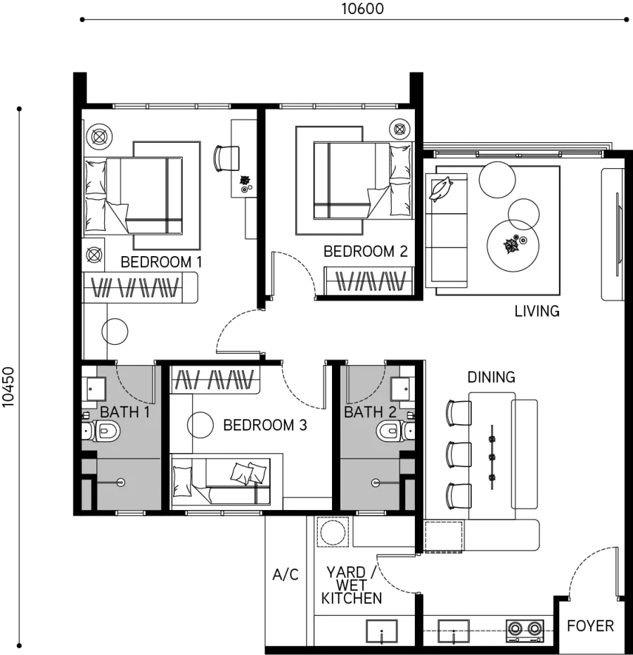 Tangen Residences Type C floor plan — 1,033 sq ft, 3 bedrooms