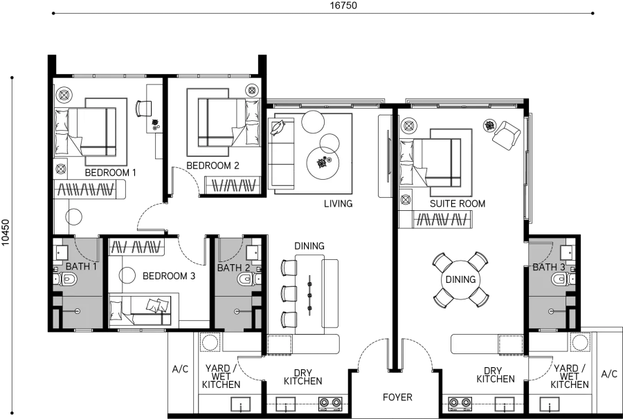 Tangen Residences Type D floor plan — 1,550 sq ft, 4 bedrooms