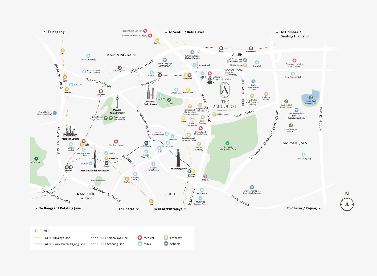 Developer location map of The Ashbourne at U-Thant, Kuala Lumpur, showing the Petronas Twin Towers, Menara Kuala Lumpur, Merdeka 118, TRX, embassies, malls, hospitals, schools and the MRT and LRT lines