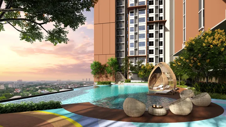 Artist's impression of The Asteriaz @ Kebun Teh tower in daylight, a 42-storey serviced apartment tower with timber-toned fins