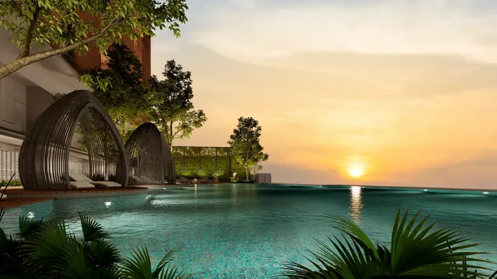 Artist's impression of the infinity-edge pool and cabanas at The Asteriaz @ Kebun Teh at sunset