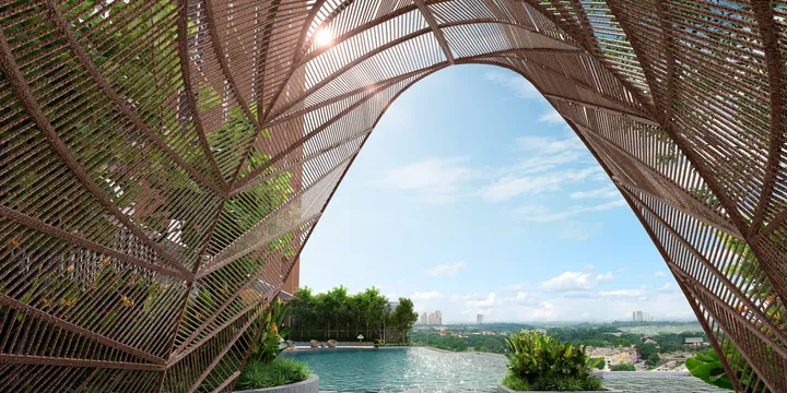 Artist's impression of rattan pods beside the pool on the Level 10 podium deck at The Asteriaz @ Kebun Teh