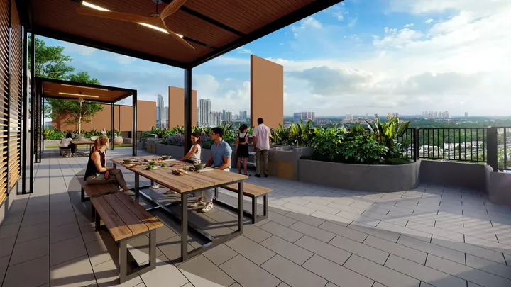 Artist's impression of the rooftop sky BBQ terrace with long timber tables and a city view at The Asteriaz @ Kebun Teh