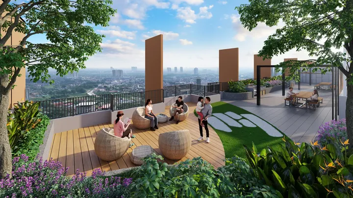 Artist's impression of the sky garden lounge with a lawn, deck and rattan seating at The Asteriaz @ Kebun Teh