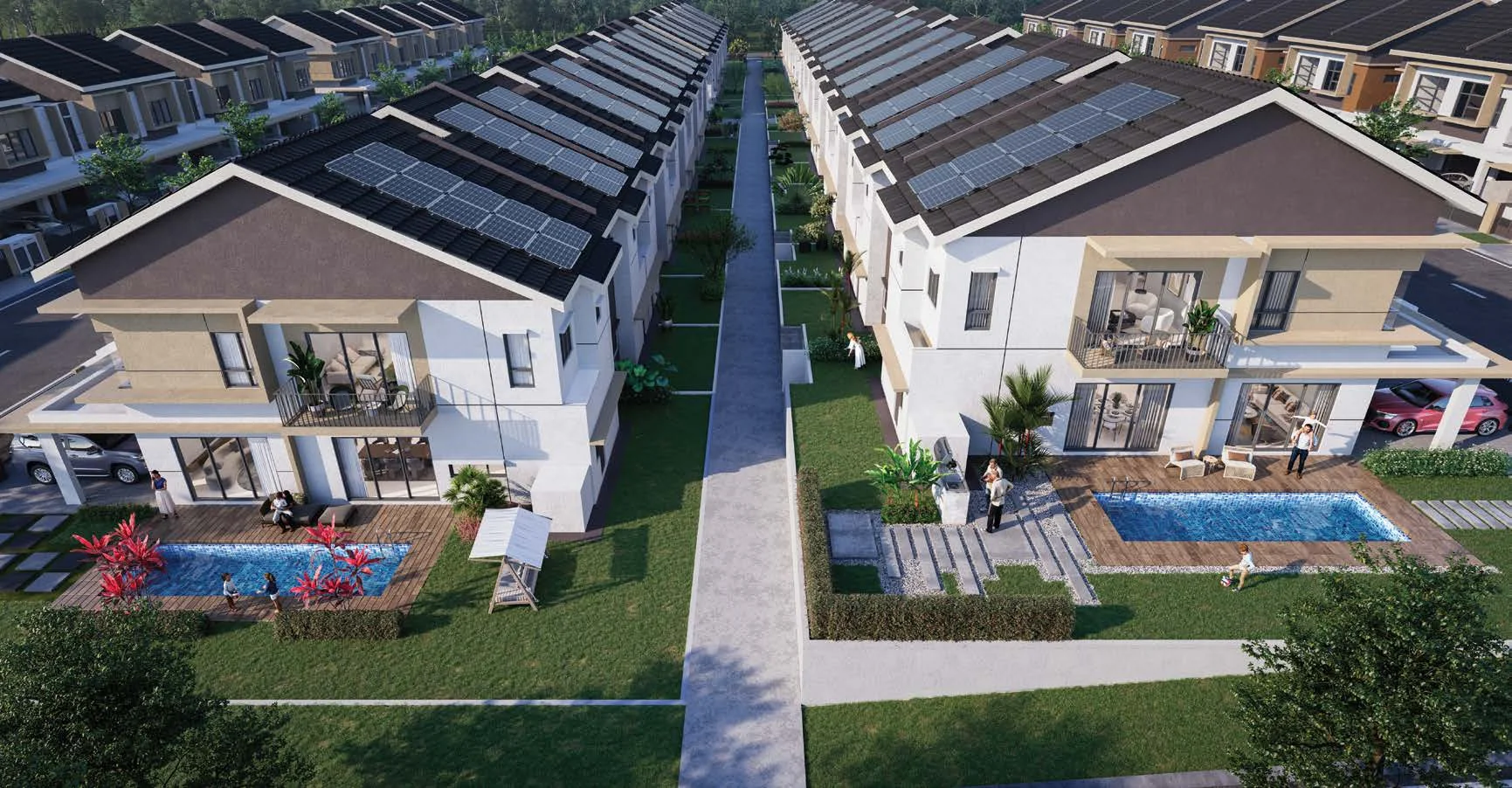 Aerial view of Tilia Residence superlink rows with solar panels and private pools, artist's impression