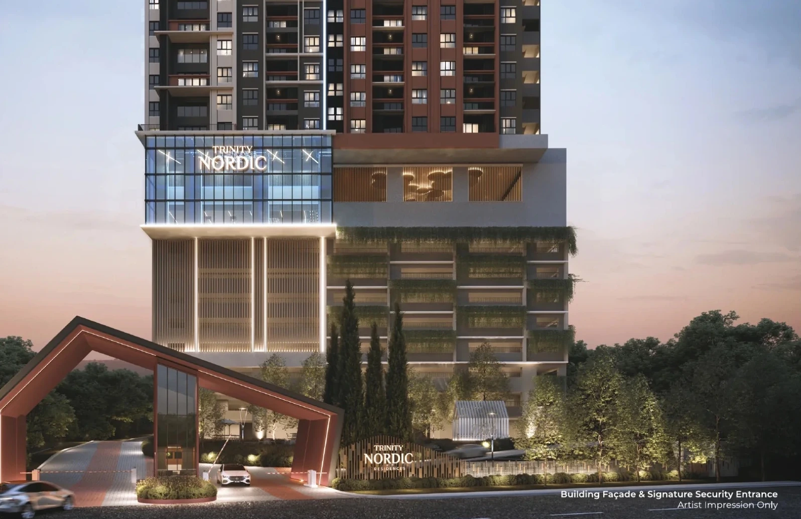 Trinity Nordic Residences podium, glass-fronted lobby and Signature Security Entrance at dusk, artist's impression