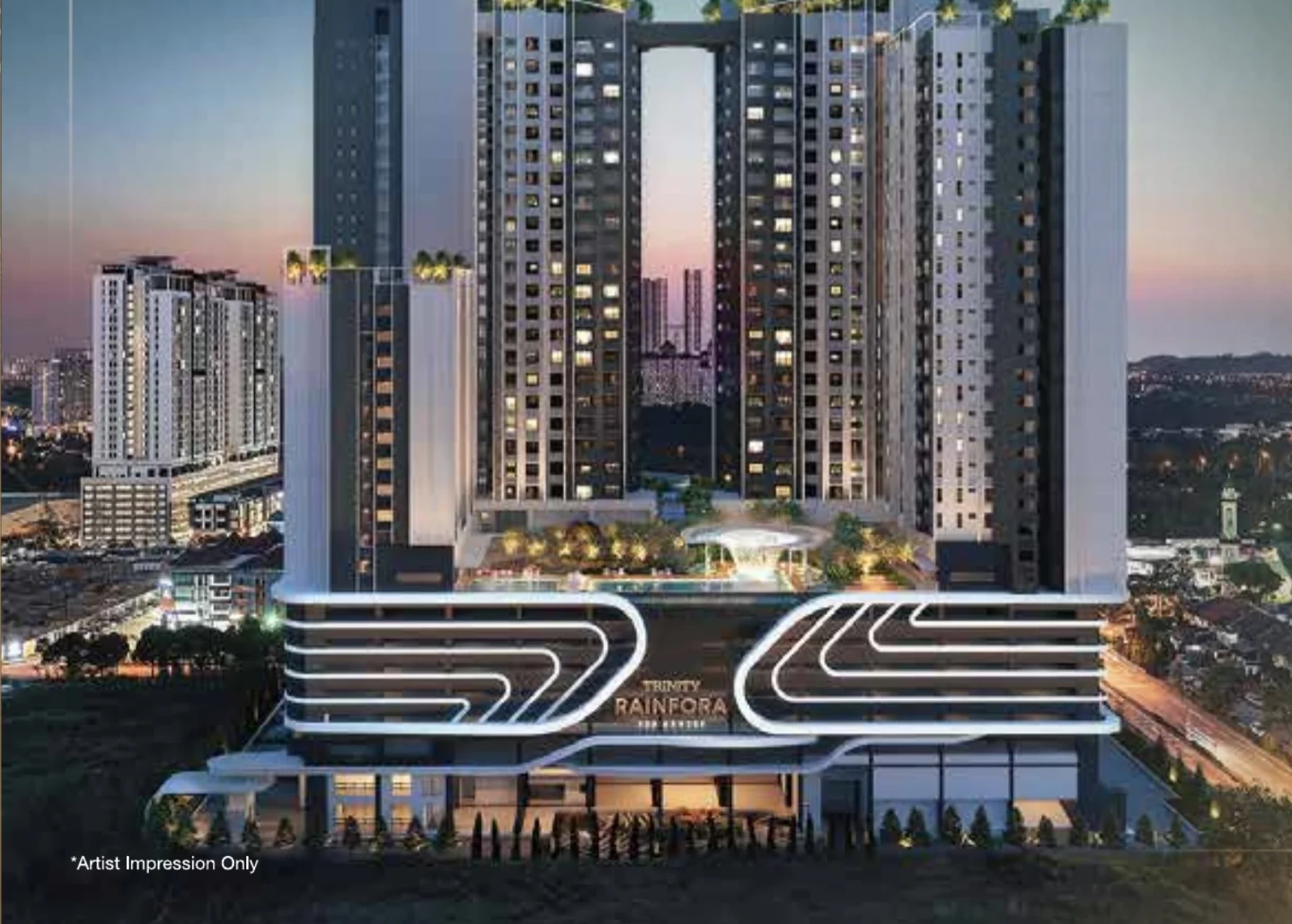 Trinity Rainfora Residences twin towers above the illuminated podium at twilight, artist's impression