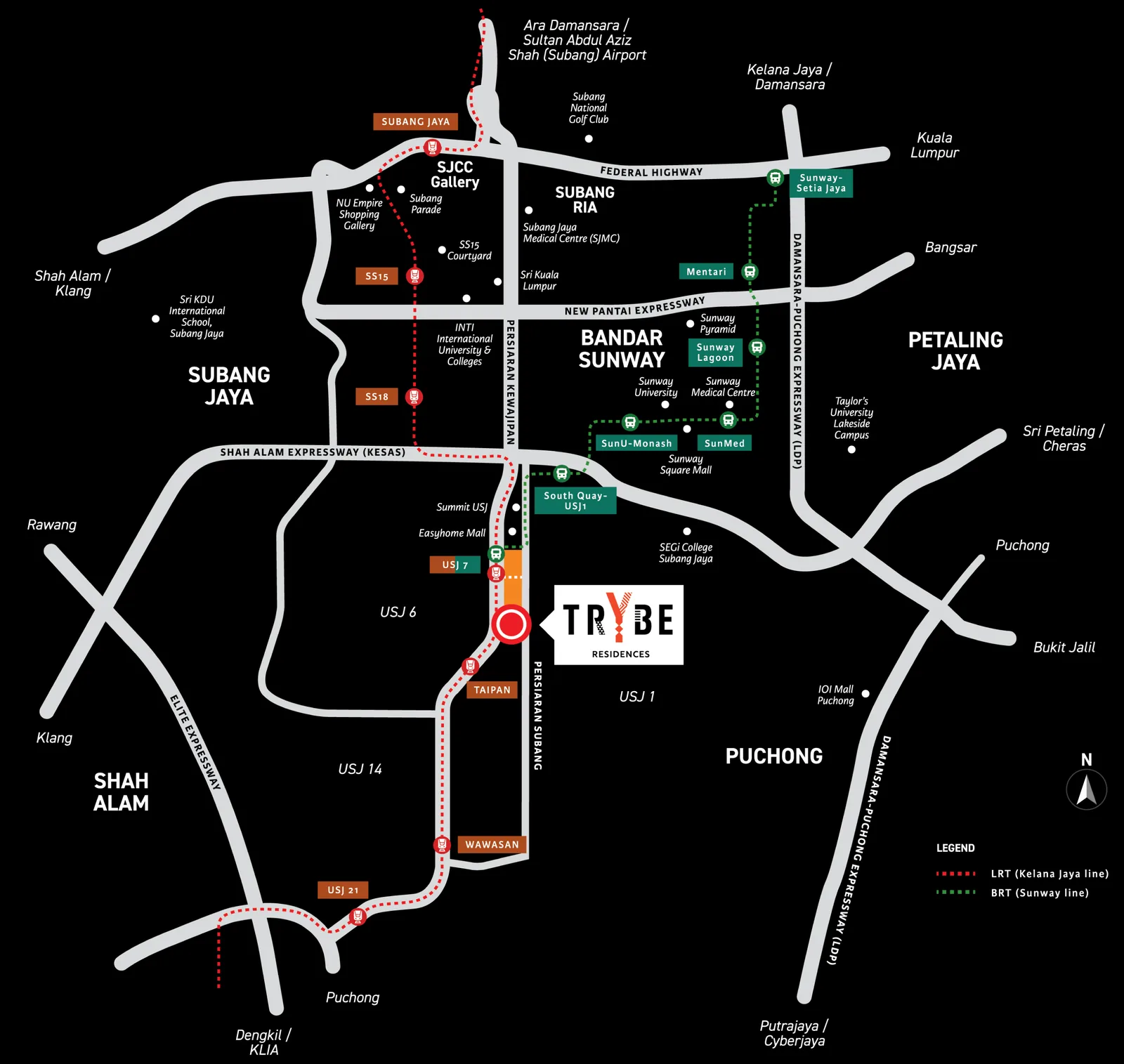 Developer location map of Trybe Residences in USJ7, Subang Jaya, with LRT and BRT lines, expressways and nearby townships