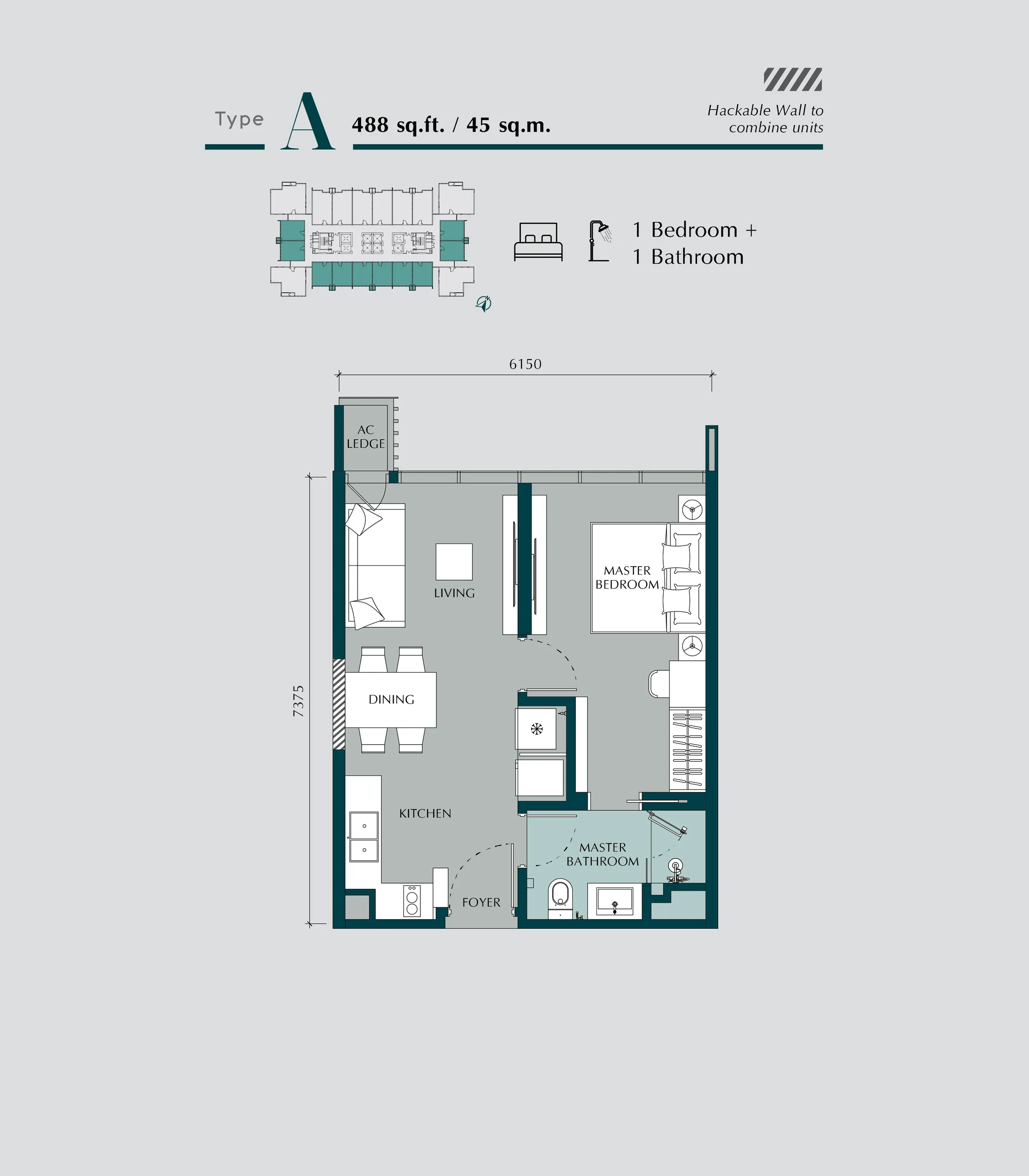 Times Square 2 Type A floor plan — 488 sq ft