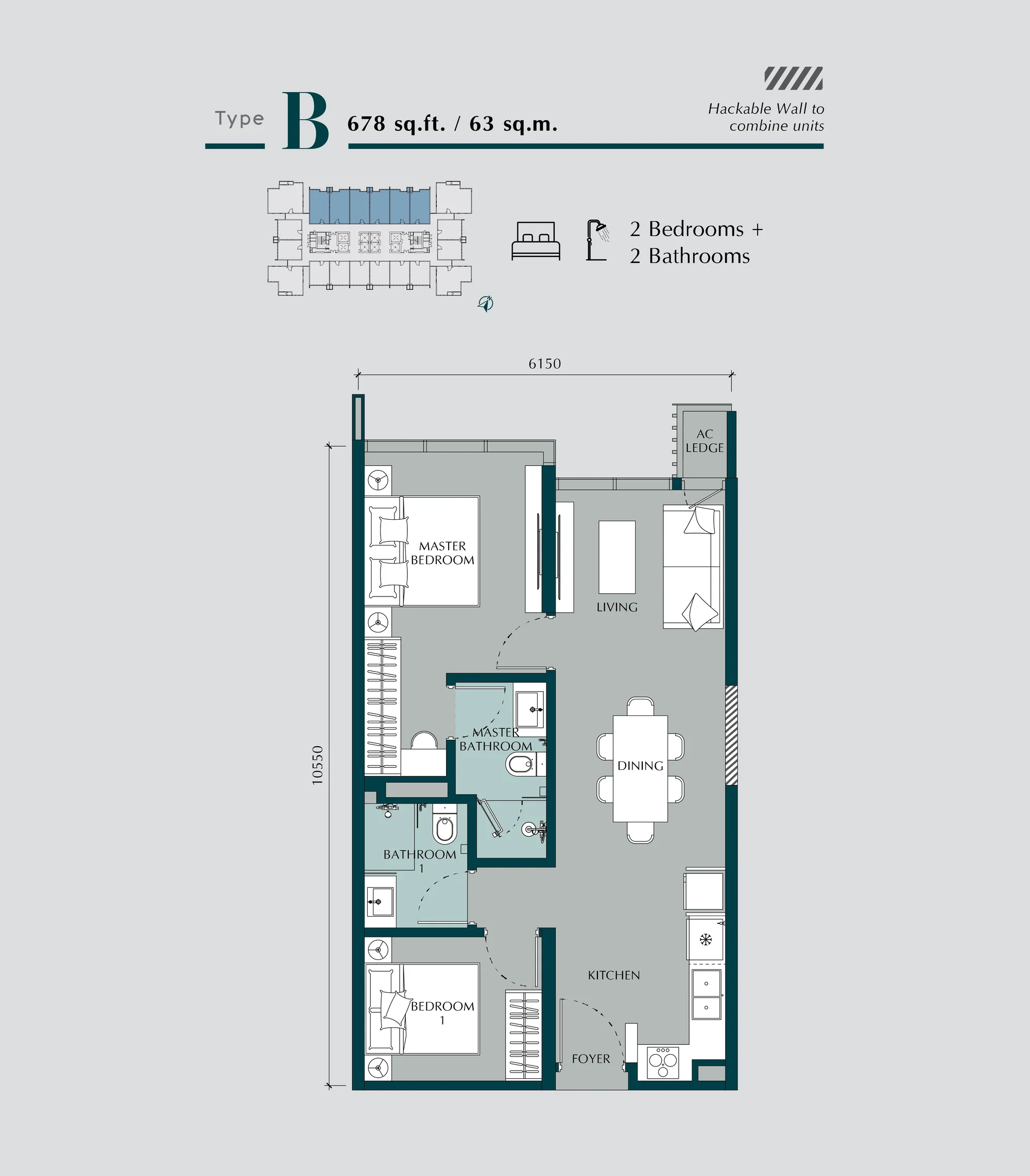 Times Square 2 Type B floor plan — 678 sq ft