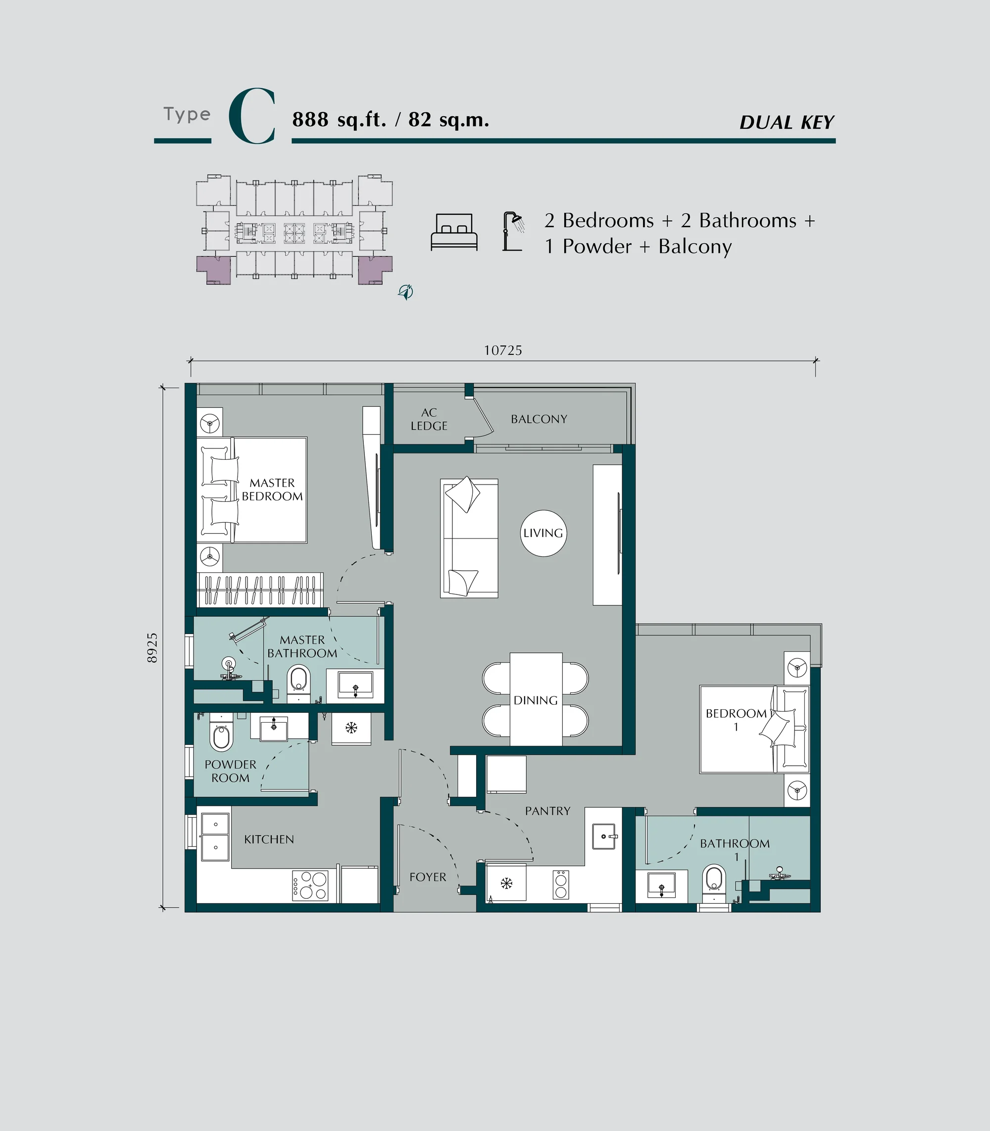Times Square 2 Type C dual-key floor plan — 888 sq ft