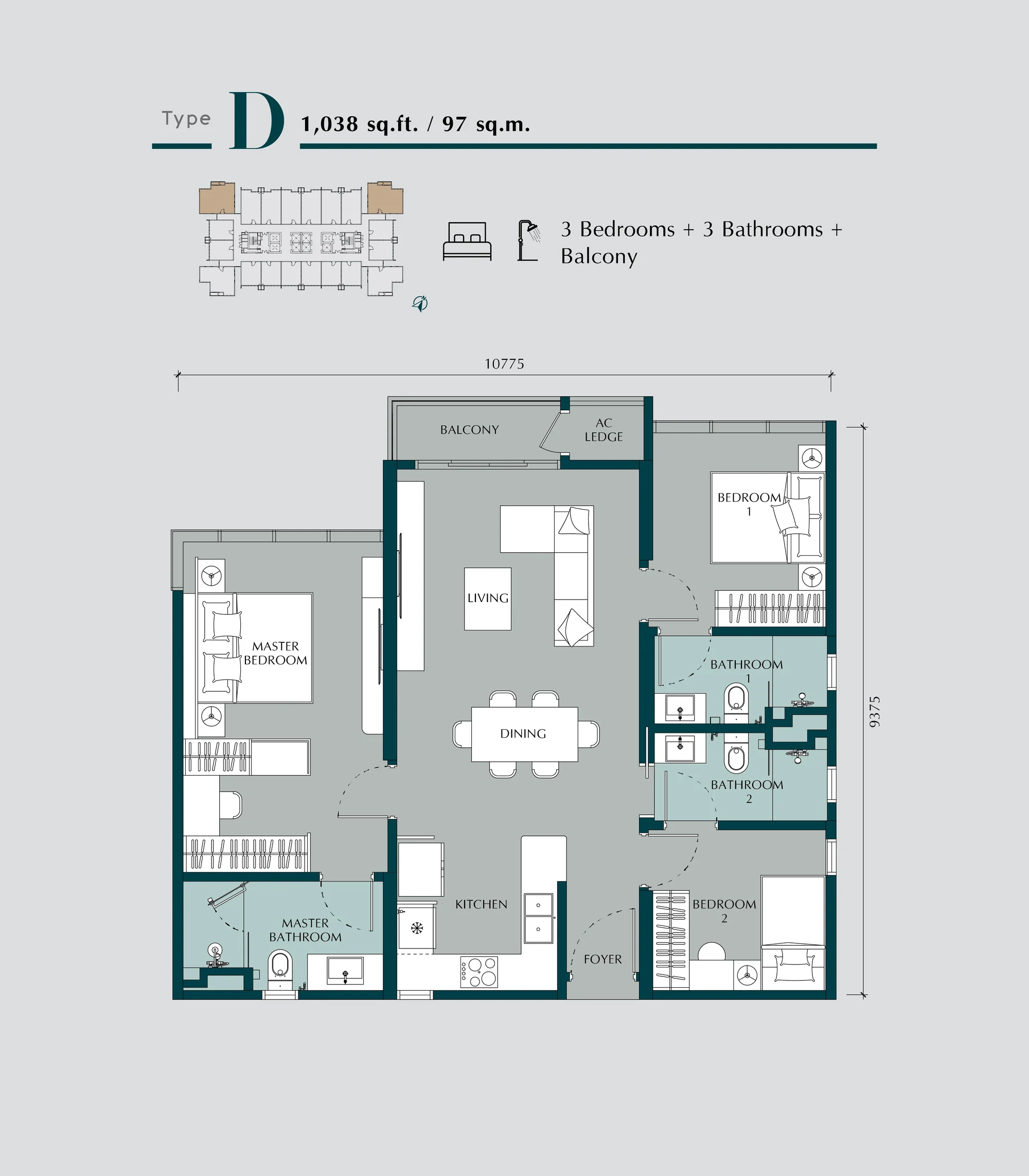 Times Square 2 Type D floor plan — 1,038 sq ft