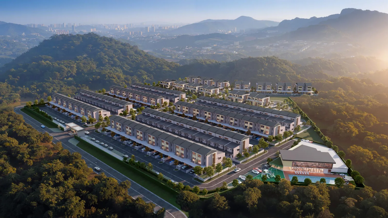Aerial view of Ukay Spring in Ukay Perdana, Ampang, with the Klang Valley skyline in the distance, artist's impression
