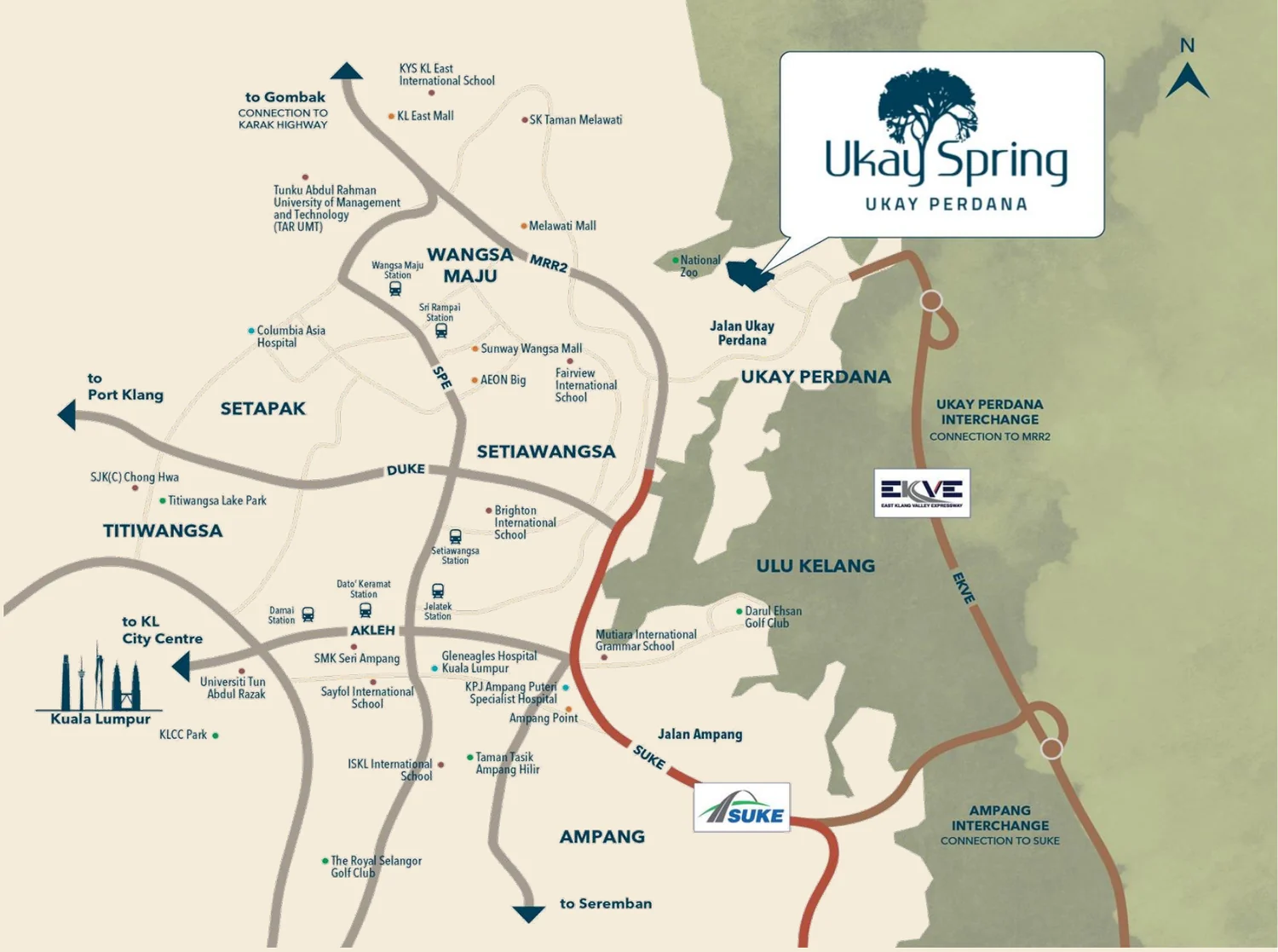 Developer location map showing Ukay Spring beside the National Zoo, the MRR2, the Ukay Perdana and Ampang interchanges, the East Klang Valley Expressway and the highways towards Kuala Lumpur