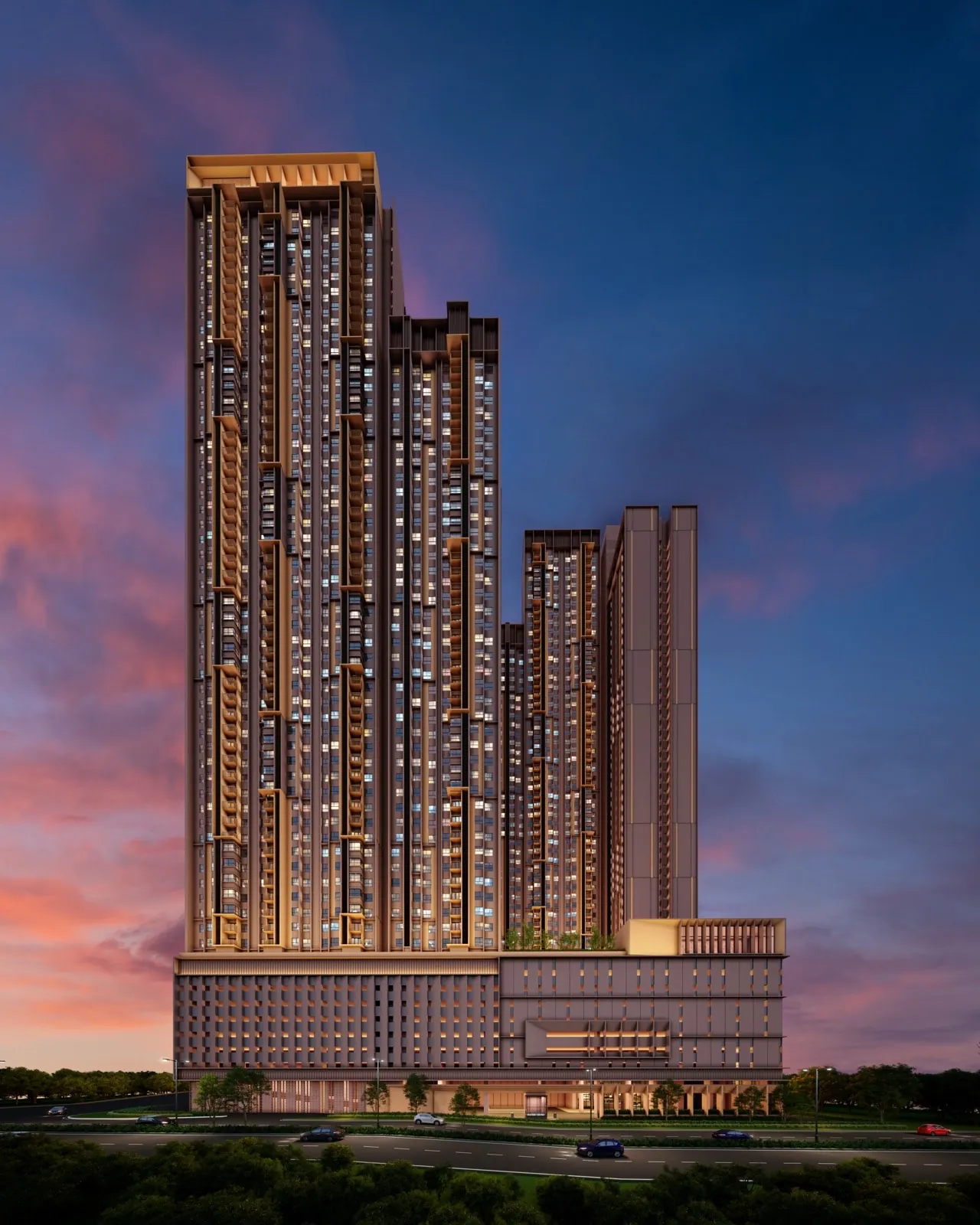 The Vividz @ Bukit Jalil facade at dusk, artist's impression