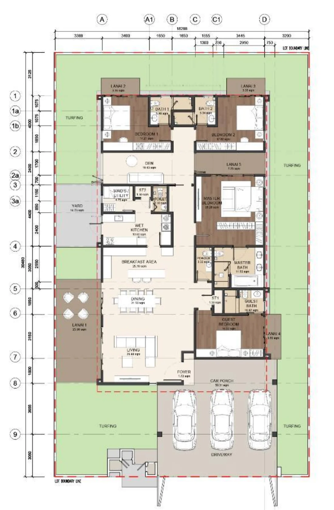 The Walden 2 Type A single-storey bungalow floor plan — 2,962 sq ft, 4+1 bedrooms