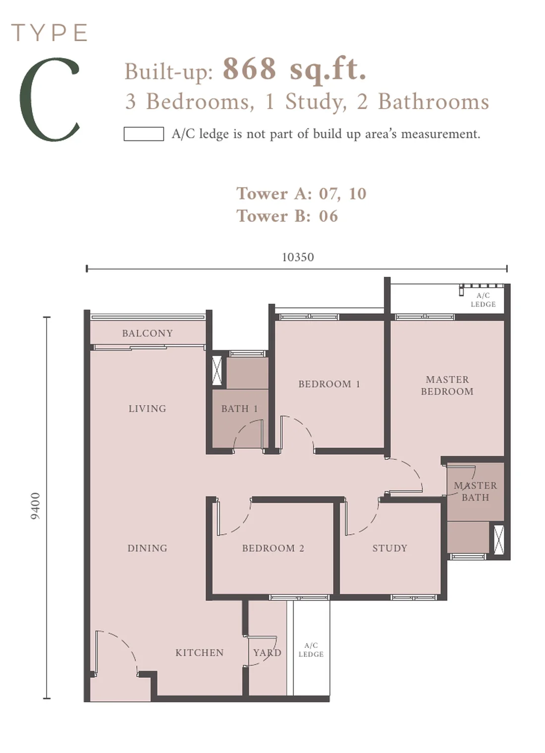Westfield Residences Type C floor plan — 868 sq ft