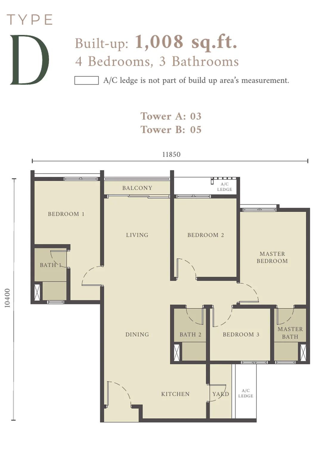 Westfield Residences Type D floor plan — 1,008 sq ft